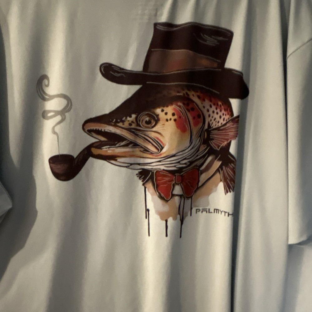 Palmyth Performance Fishing Shirt Mens XXL Blue Trout Top Hat Pipe Graphic Tee